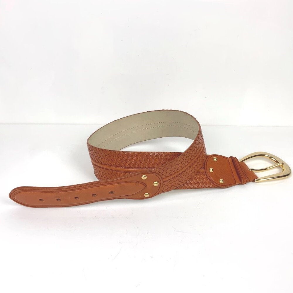 MICHAEL KORS Wide Leather Busket Weave Brown Belt Gold Buckle Sz M - Picture 4 of 16